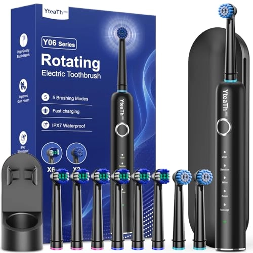 Electric Toothbrush - Rotating 8 Brush Heads Matte Black