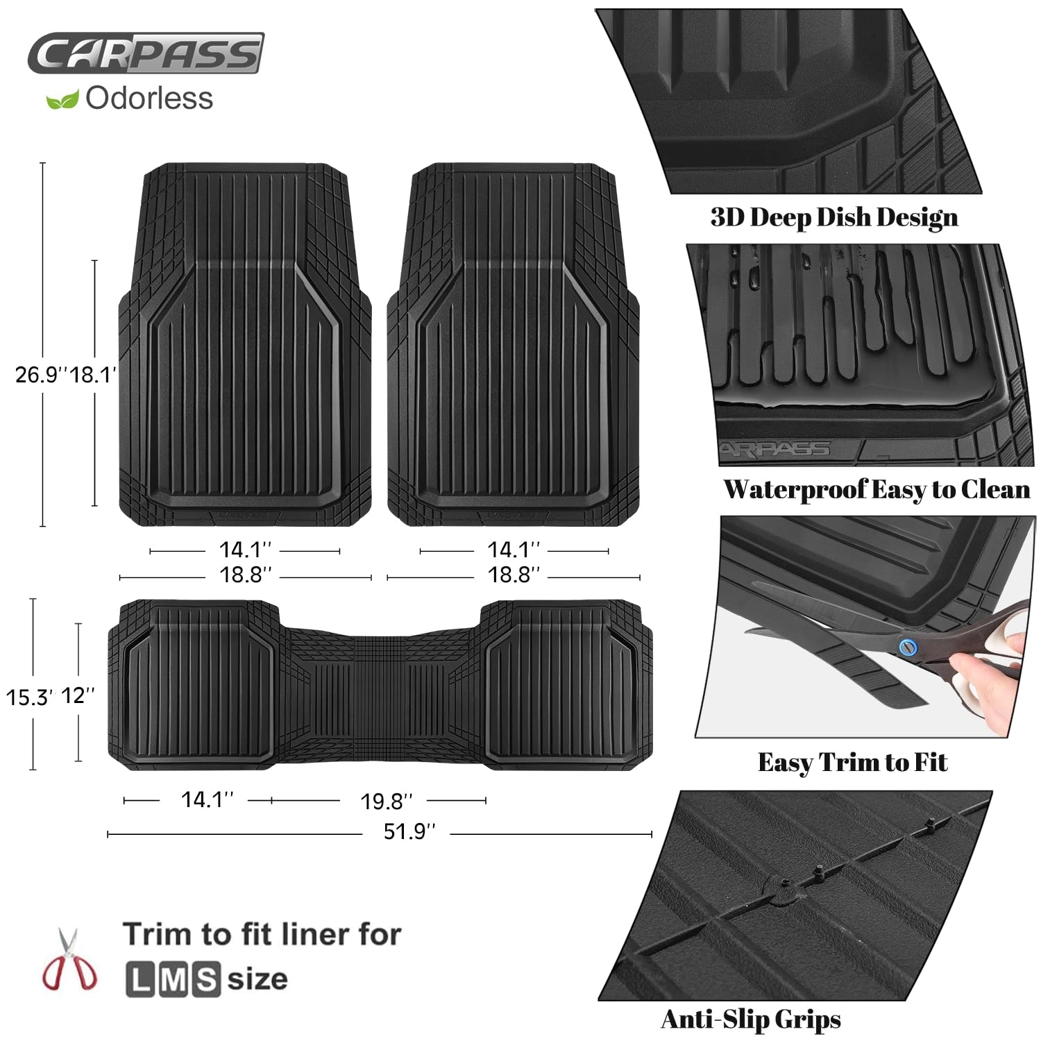 Heavy Duty Rubber Floor Mats - Universal Fit 3pcs Black Purple