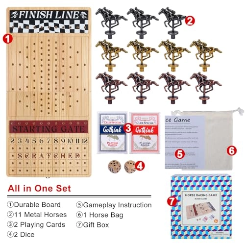 Horse Race Game - 11 Retro Metal Horses Foldable Wooden Box