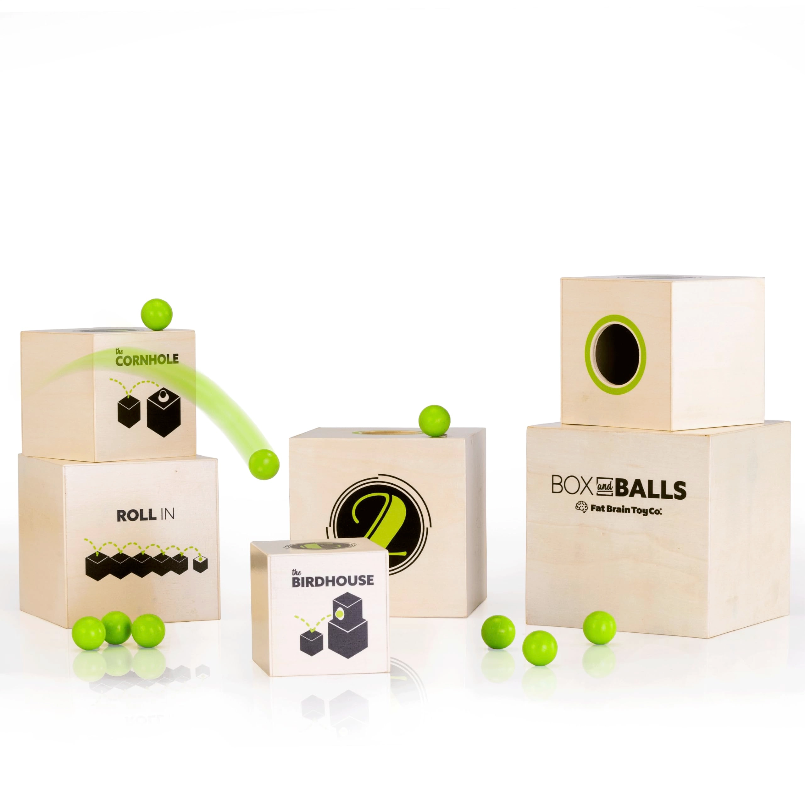 Fat Brain Toy Co. Box and Balls - 6 years and up 6 wooden boxes 8 bouncy balls