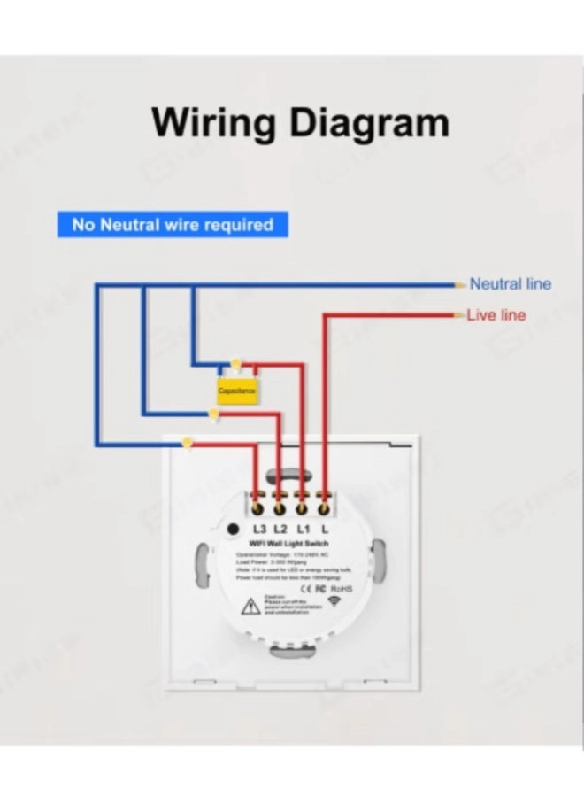 Smart WiFi Touch Wall Switch - No Neutral Wire 3 Gang Tuya Alexa Google Home