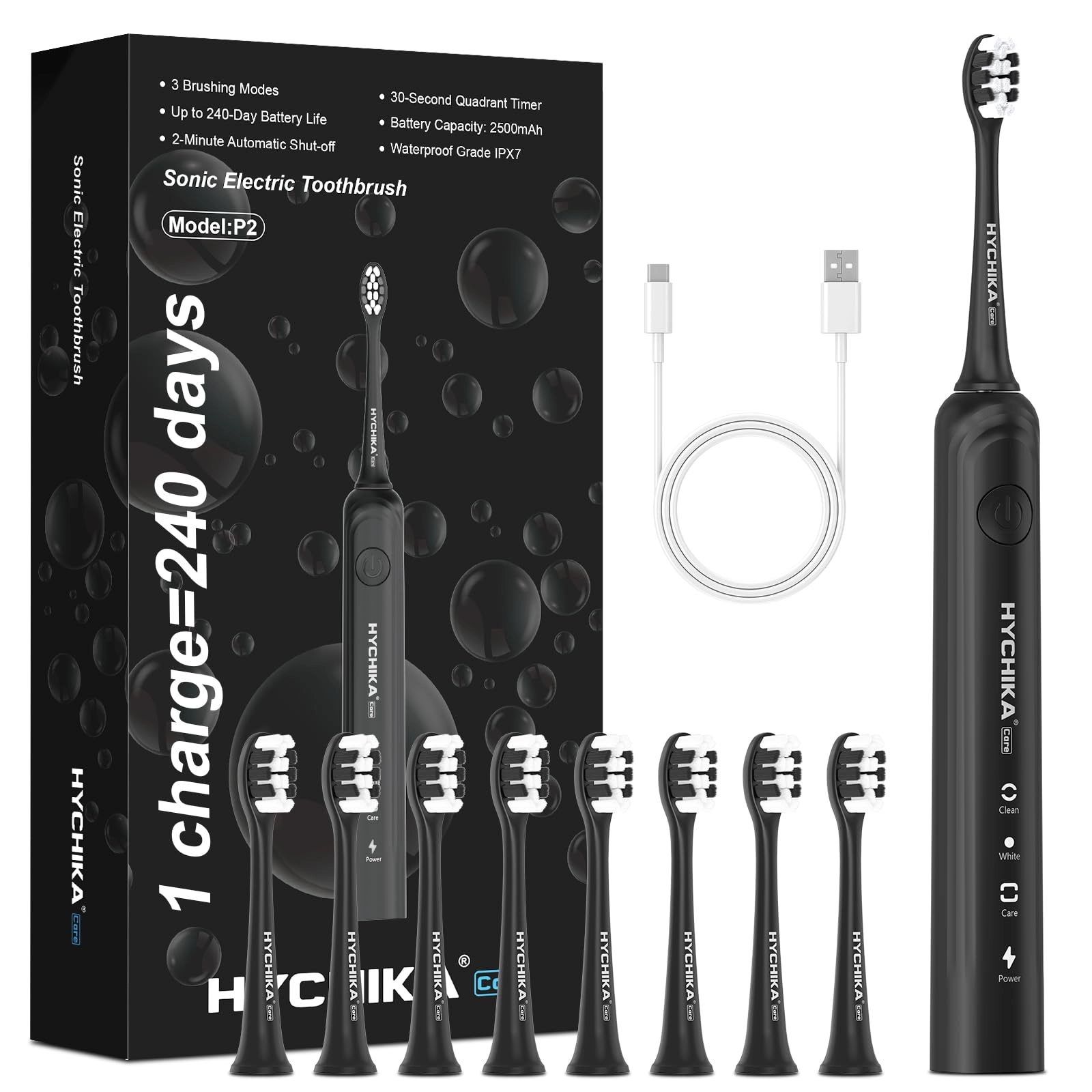 HYCHIKA sonic electric toothbrush - 240 Days Battery Life 8 Replacement Heads