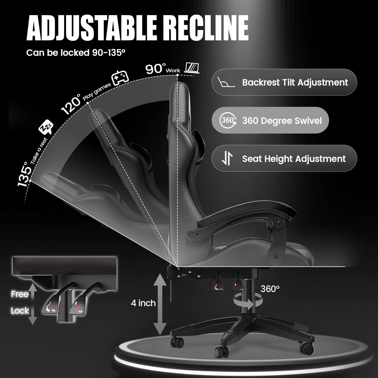 A gaming chair - Adjustable Height Reclining Feature