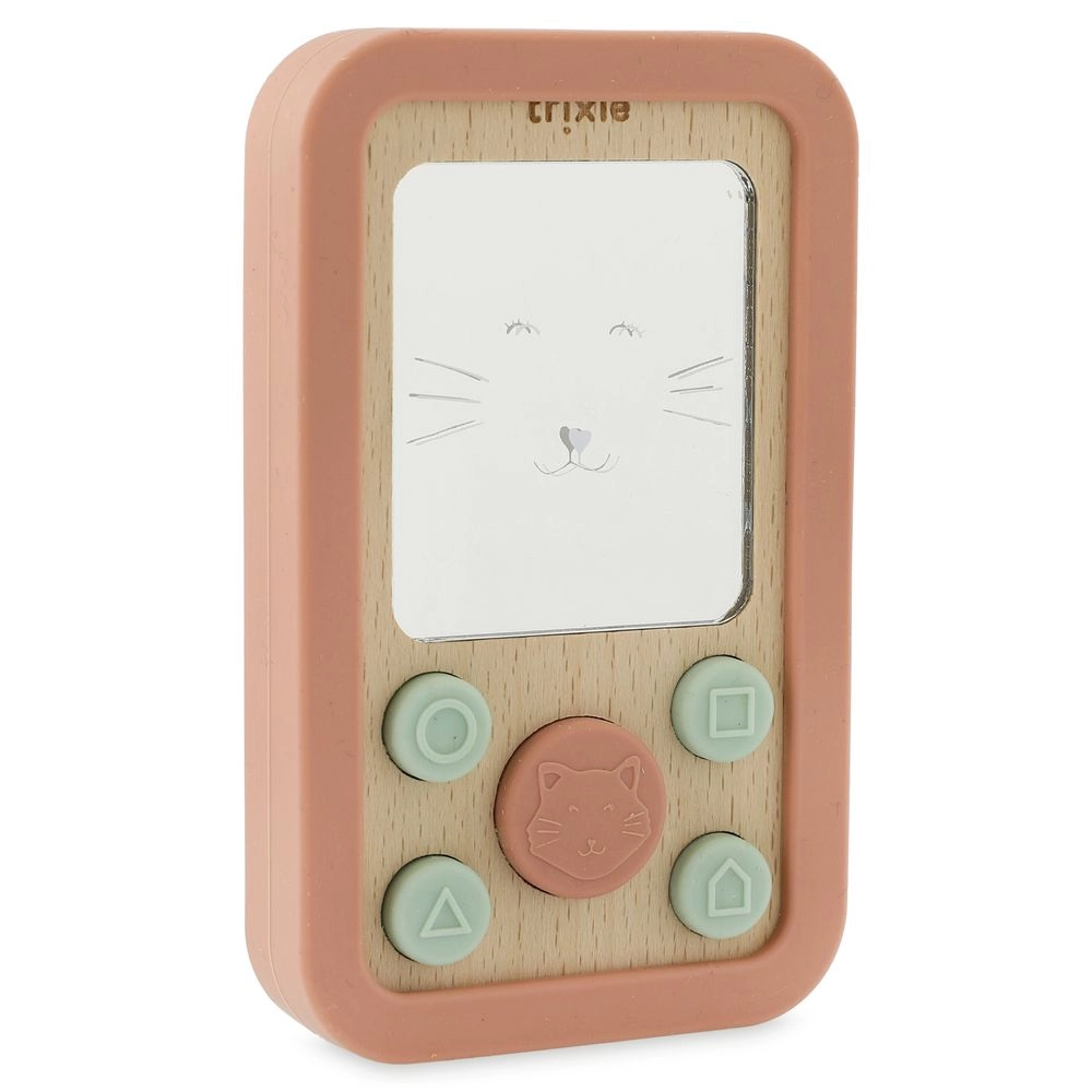 TRIXIE Baby Phone - Suitable for 6 months & above natural beechwood with soft, food-grade silicone detailing Mrs. Cat
