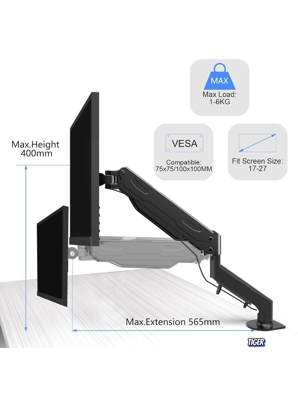 Single Monitor Arm - Single 13-32 Inch VESA 75x75/100x100mm