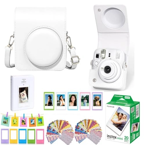 Camera Case - Clay White + Instax Mini Film 20 Shot + Mini Photo Album - 64 Pocket + Hanging Photo Display + Mini Desktop Photo Frames - 5 + Magnetic Fridge Photo Frames - 5 + Decorative Photo Border Stickers - 60