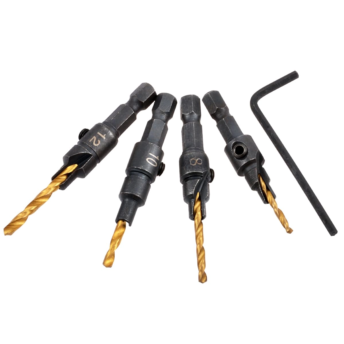 HOHXEN Countersink Drill Bit Set - high speed steel + carbon steel 4 PIECES #6,#8,#10,#12