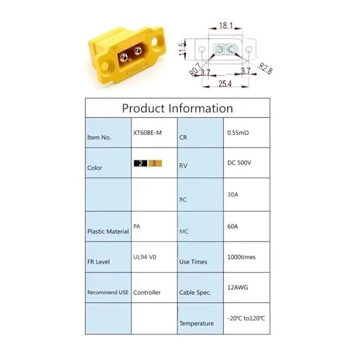 XT60BE - 1 Piece Male Connector