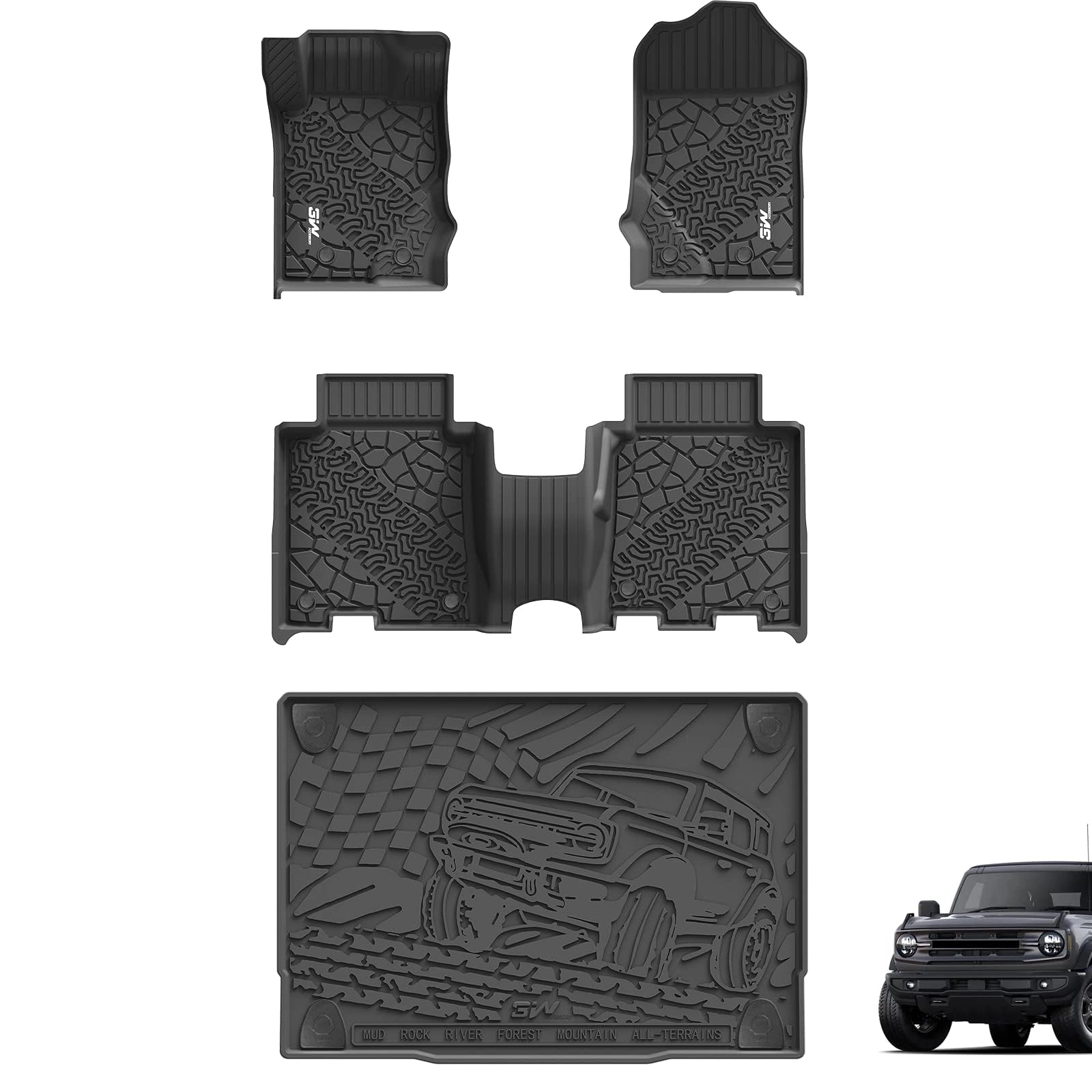 3W Auto Accessory Inc Bronco Floor Liners - Ford 2021-2025 2026 Front Inner, Rear Inner