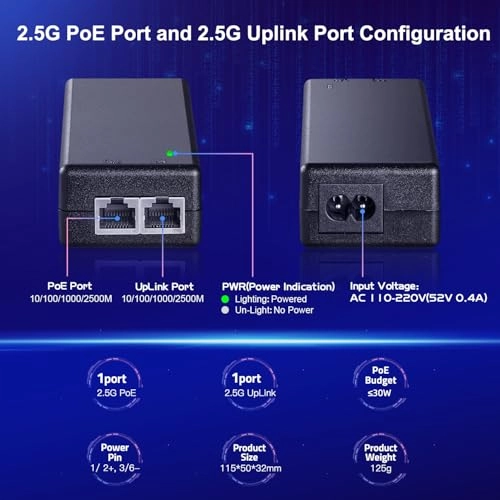 2.5 Gigabit PoE Injector - 30W 48V 802.3af/at 2.5G/1G/100M