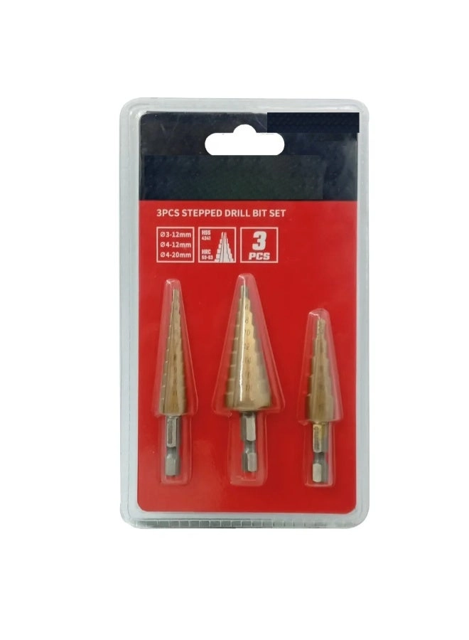 Step Drill Bit Set - Titanium Coated 3 Pieces 3-12mm 4-12mm 4-20mm