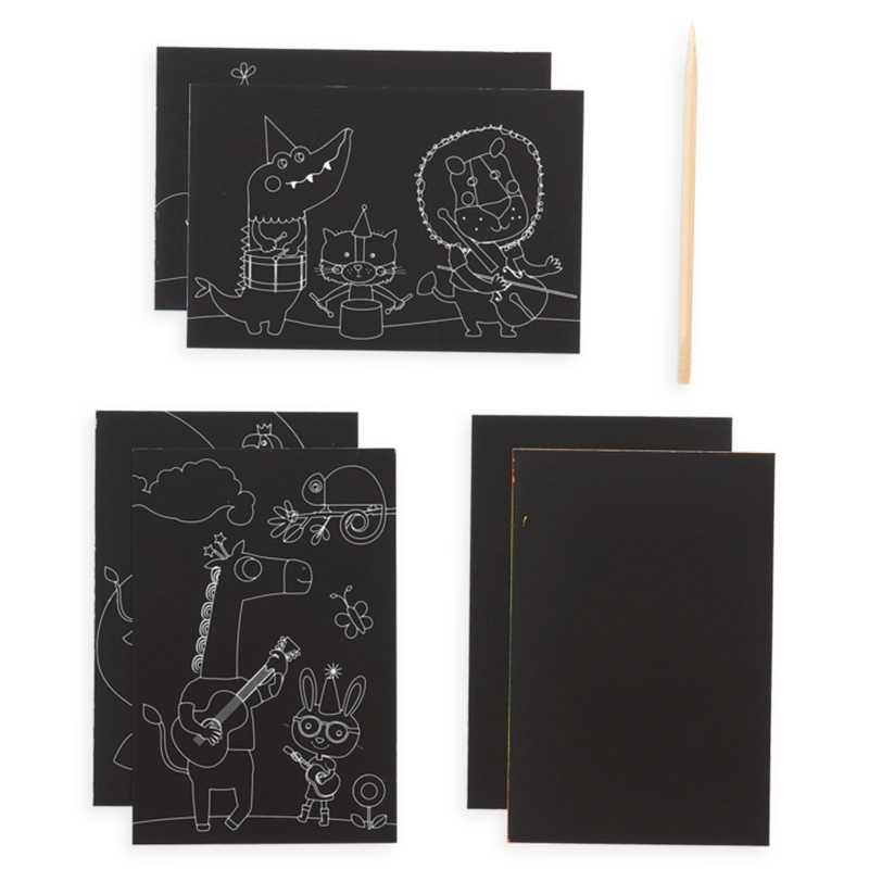 Mini Scratch & Scribble Art Kit - 4 illustrated scratch cards (4 x 6 inches) 2 rainbow DIY blank scratch cards (4 x 6 inches) 1 wooden stylus