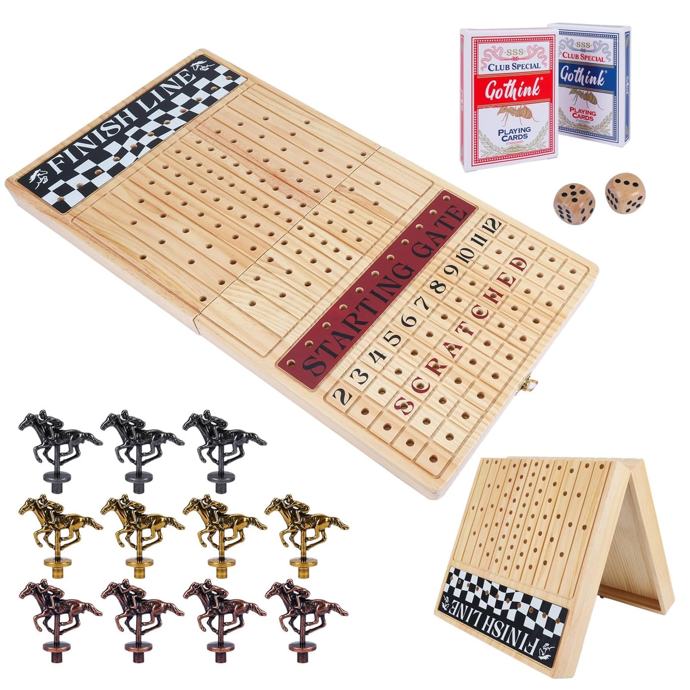 Horse Race Game - 11 Retro Metal Horses Foldable Wooden Box