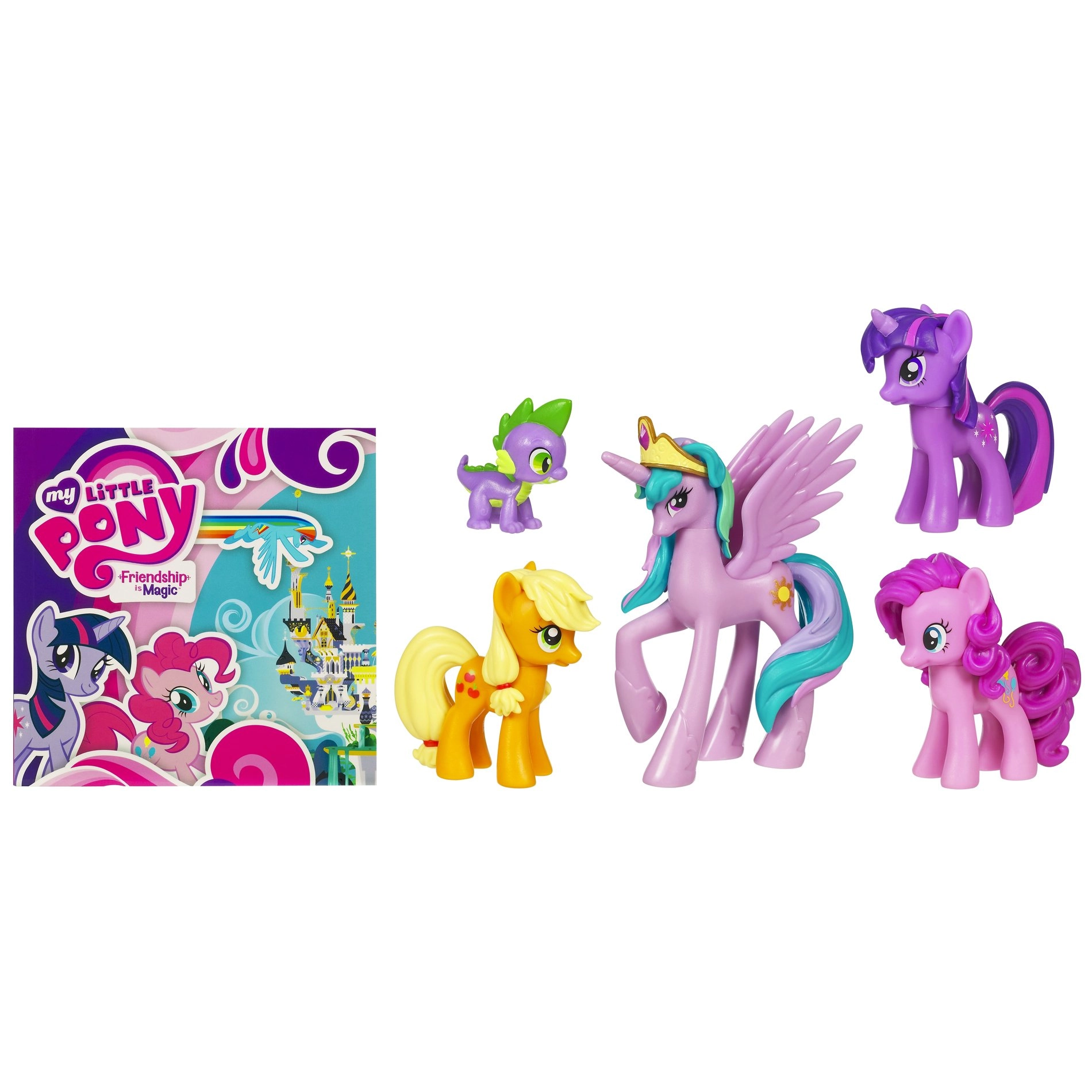 My Little Pony PRINCESS CELESTIA + TWILIGHT SPARKLE + SPIKE THE DRAGON + PINKIE PIE + APPLEJACK - Friendship is Magic - 5 pcs