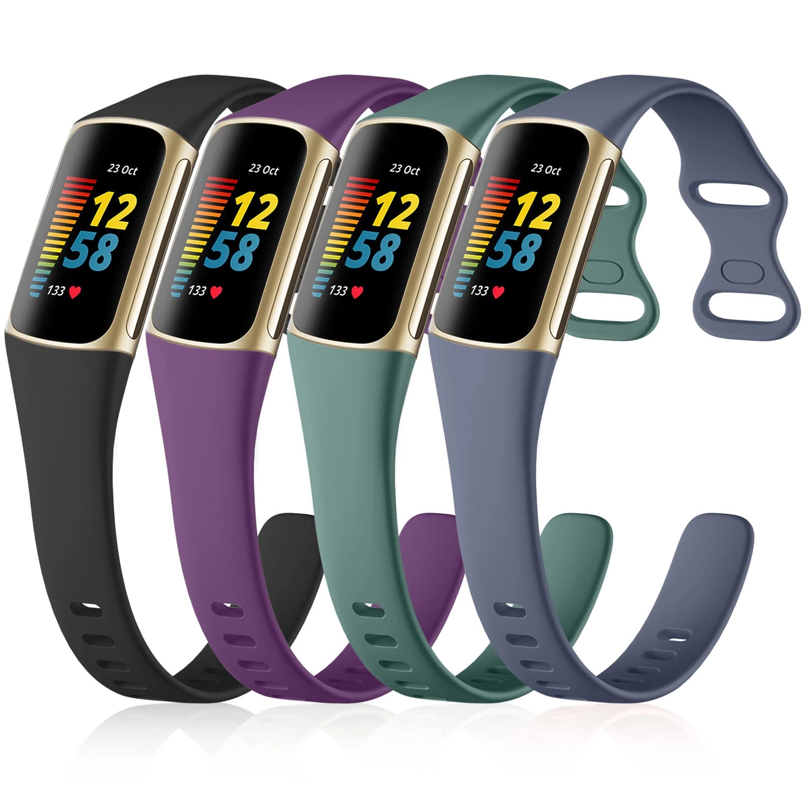 Soft Silicone Slim Watch Band for Fitbit Charge 5/Charge 6 - Black/Slate/Navy Blue/Pine Green