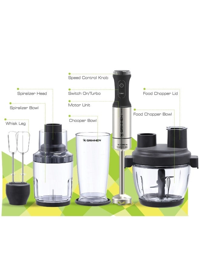 Hand Blender Full Set - Complete 5-Piece Kit Single-Button Smart Speed Control 4-blade black titanium-coated blades