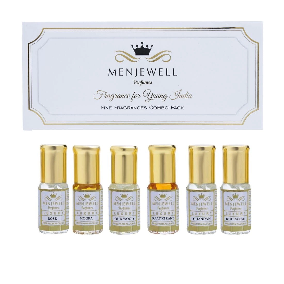 Menjewell white oudh + Royal Mogra + Rose Fresh + Raat Ki Rani + Litchi + Lavender + Golden + Vanilla + Forest Adventure + Chocolate + Chandan-E-Khass + Blue Lagoon - Floral Fruity Woody 12
