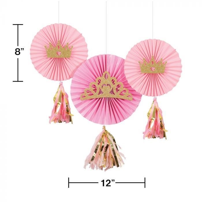 CREATIVE CONVERTING Princess Paper Fans - 1pc 12 Inches 2pcs 8 Inches + Princess Crowns - 3 gold glittery + Tassels - 3