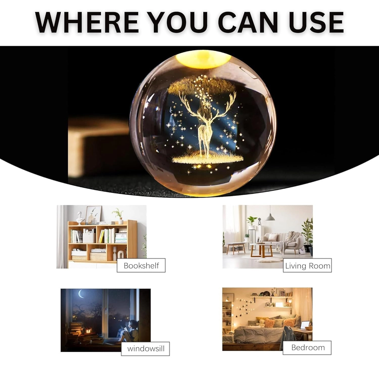 3D Engraved Deer Crystal Globe Lamp - Warm White USB Wooden Base