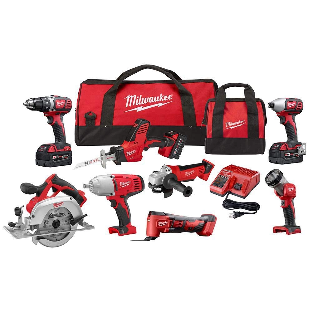 Milwaukee 1/2 in. drill driver + 1/4 hex impact driver + HACKZALL + 6-1/2 circ saw + 4 1/2 cut-off/grinder + 1/2 HTIW w/ring + multi tool + LED work light + REDLITHIUM 4.0AH bat pack + M12-M18 multi voltage charger + tool bag - 4.0 Ah 18 Volts