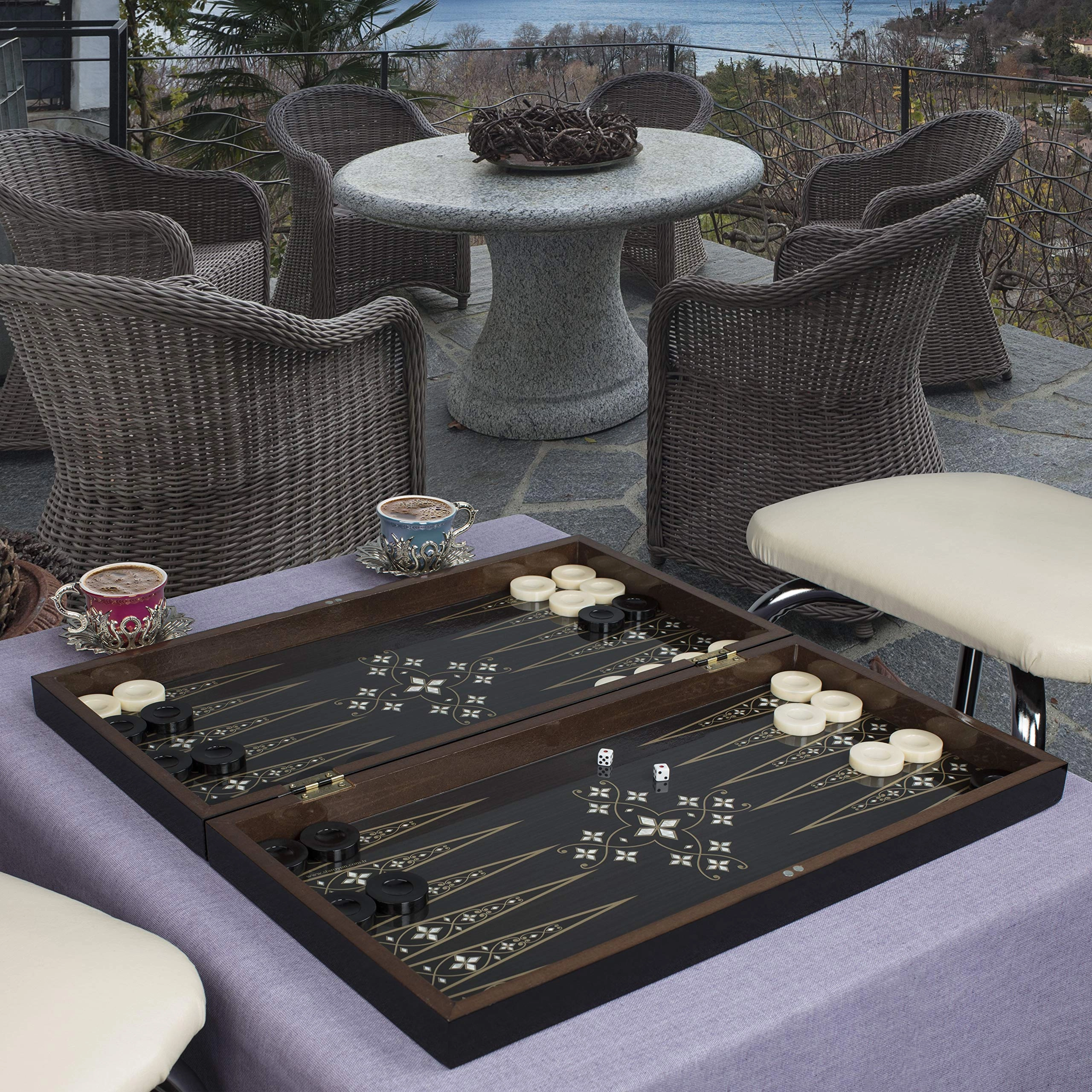 LaModaHome Antique Turkish Backgammon Set - Elite Vinyl Wooden Mother of Pearl