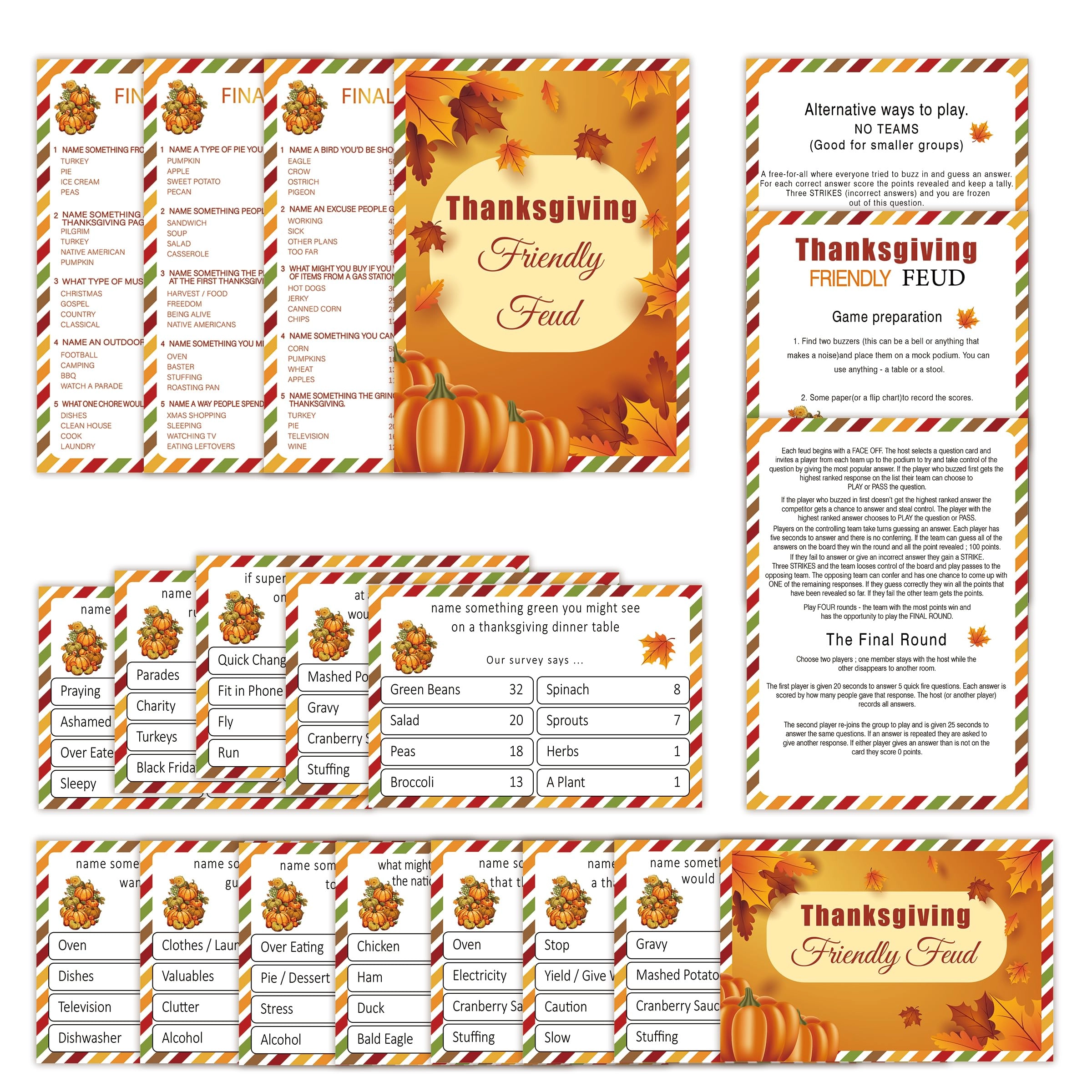 Tuiemie Thanksgiving Feud Quiz - 3 instruction cards 3 final cards 12 preliminary cards 15+