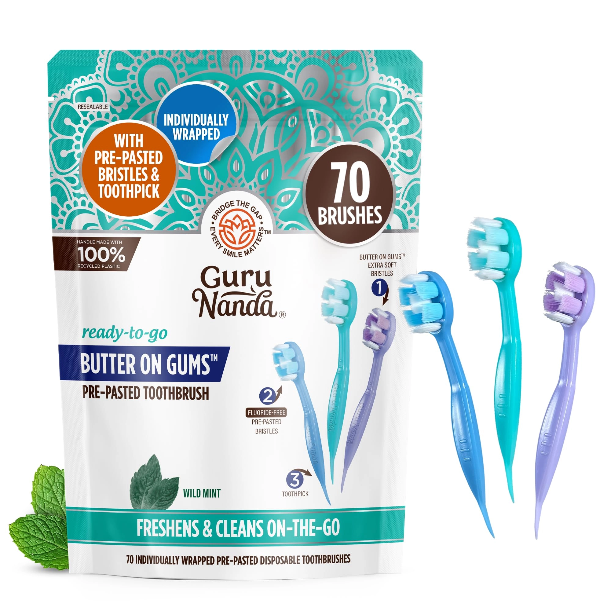 GuruNanda Disposable Mini Travel Toothbrush - Extra Soft 70-Piece Pack