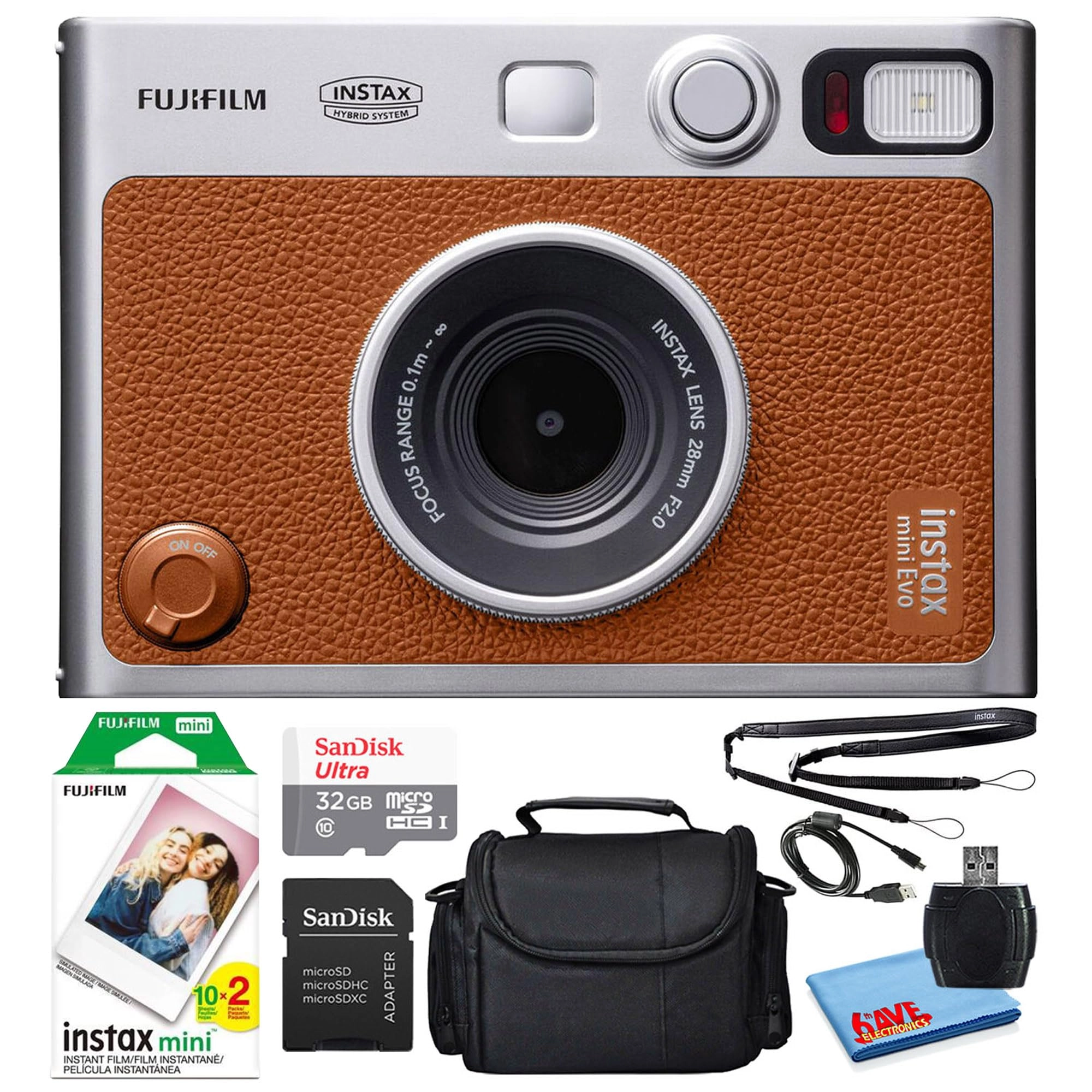 Instax Mini EVO - Brown + Instax Mini Instant Film Sheets - 60 Sheets + microSD Memory Card - 32GB + Small Padded Carrying Case + SD Card Reader + Microfiber Cleaning Cloth