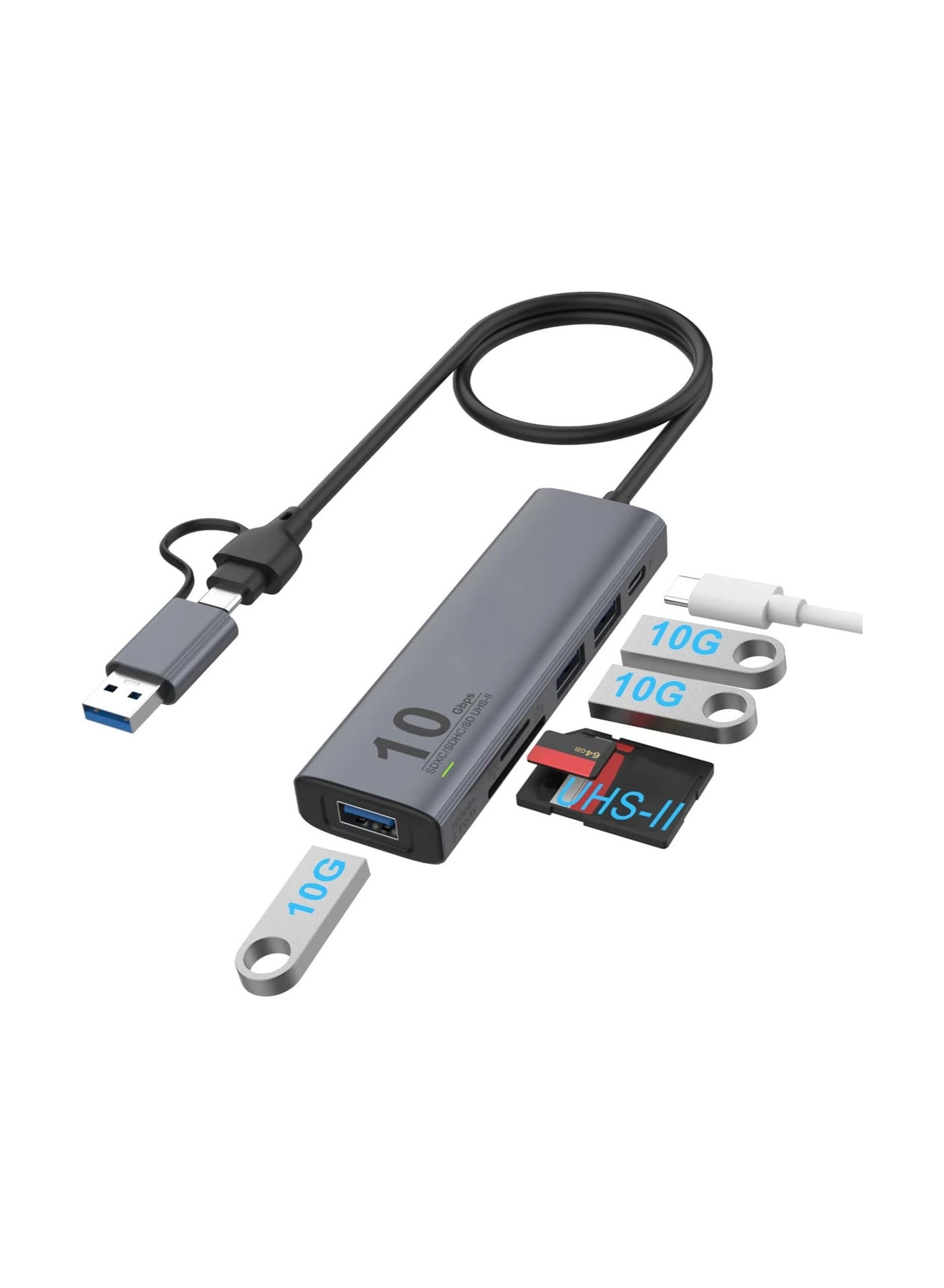 USB C USB HUB - USB 3.2 GEN 2 10G UHS-II SD Card Reader 3 USB A Ports