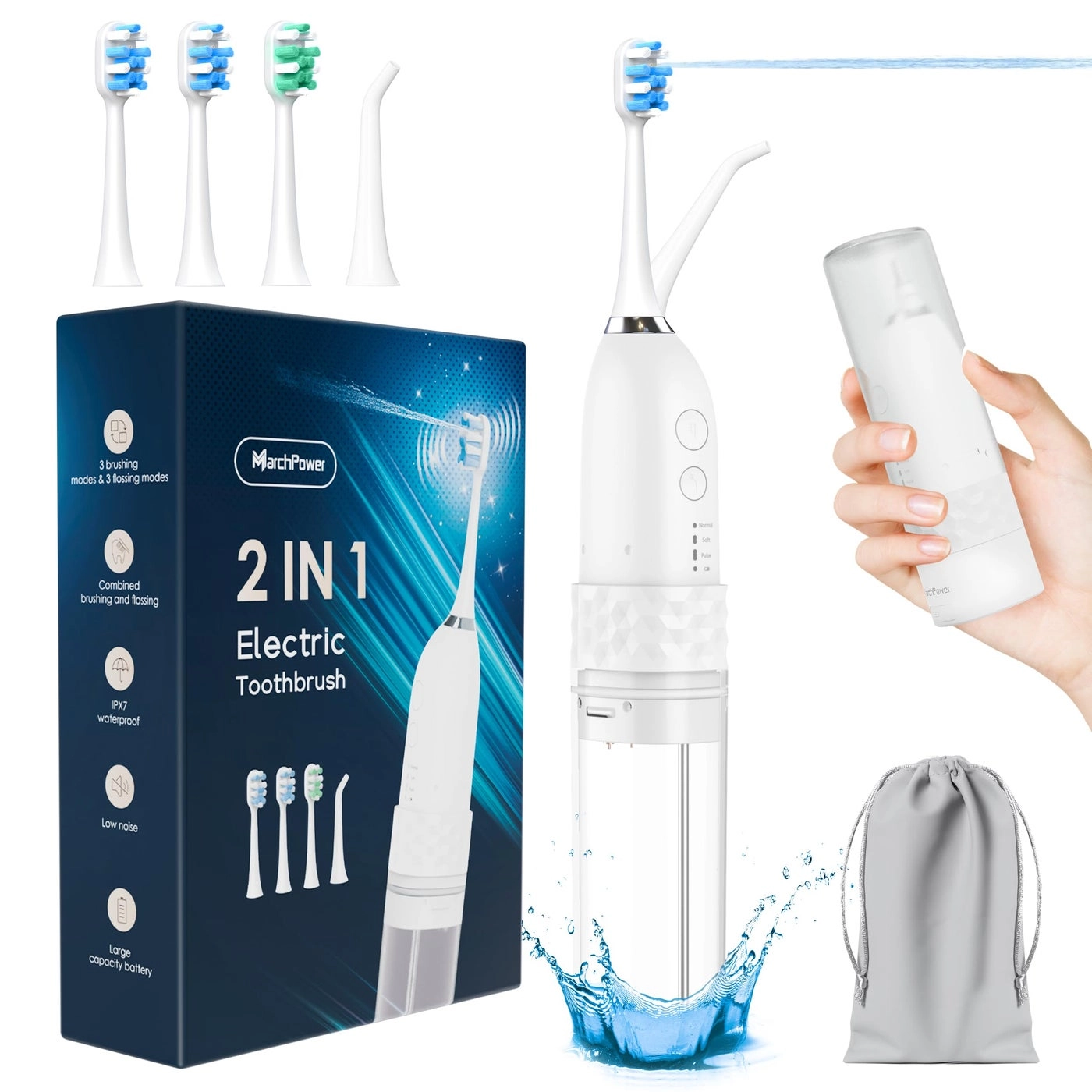 Marchpower Electric Toothbrush with Water Flosser - 2-in-1 Cordless 3 Brush Heads