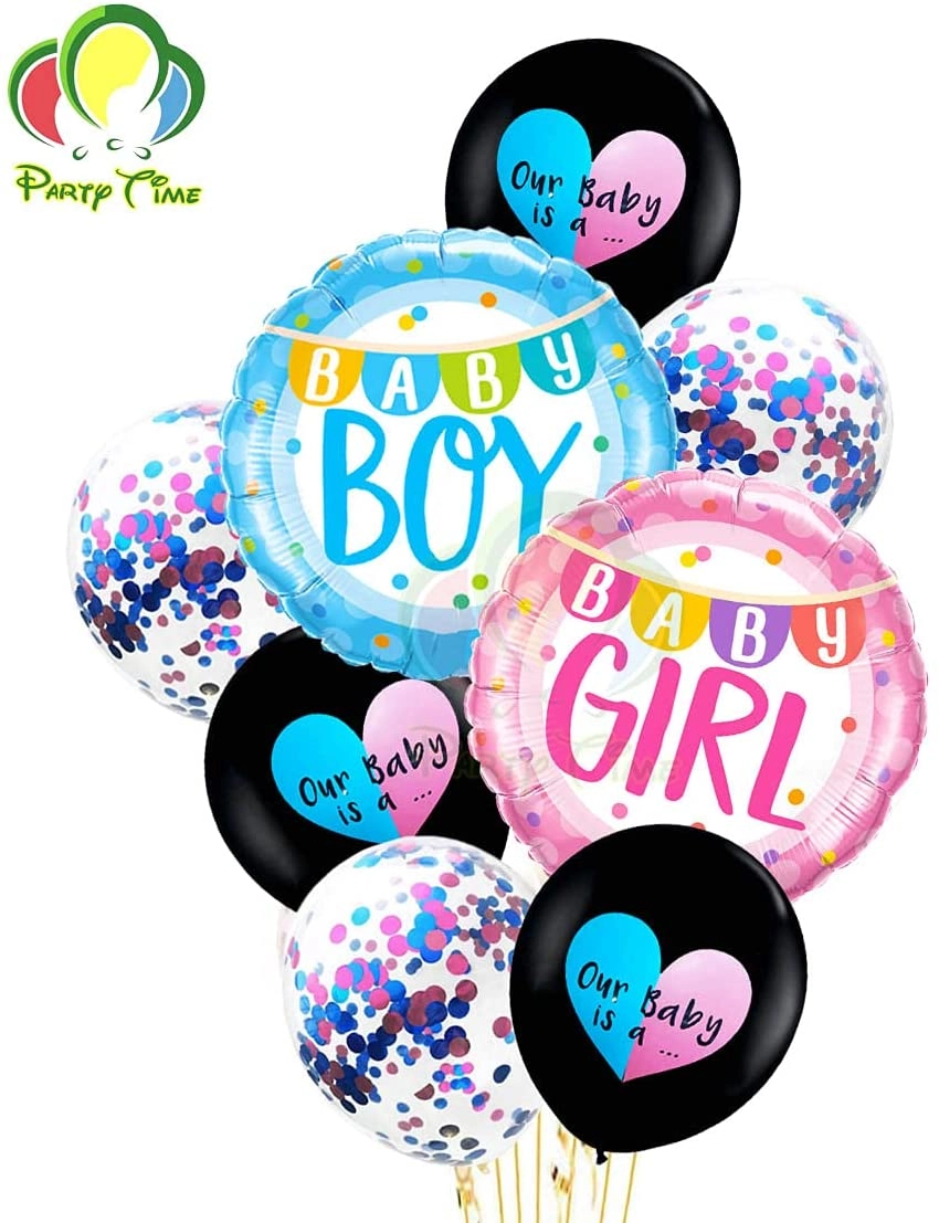Party Time Trading LLC Baby Gender Reveal Confetti, Foil and Latex Balloon Set - 8 Pieces