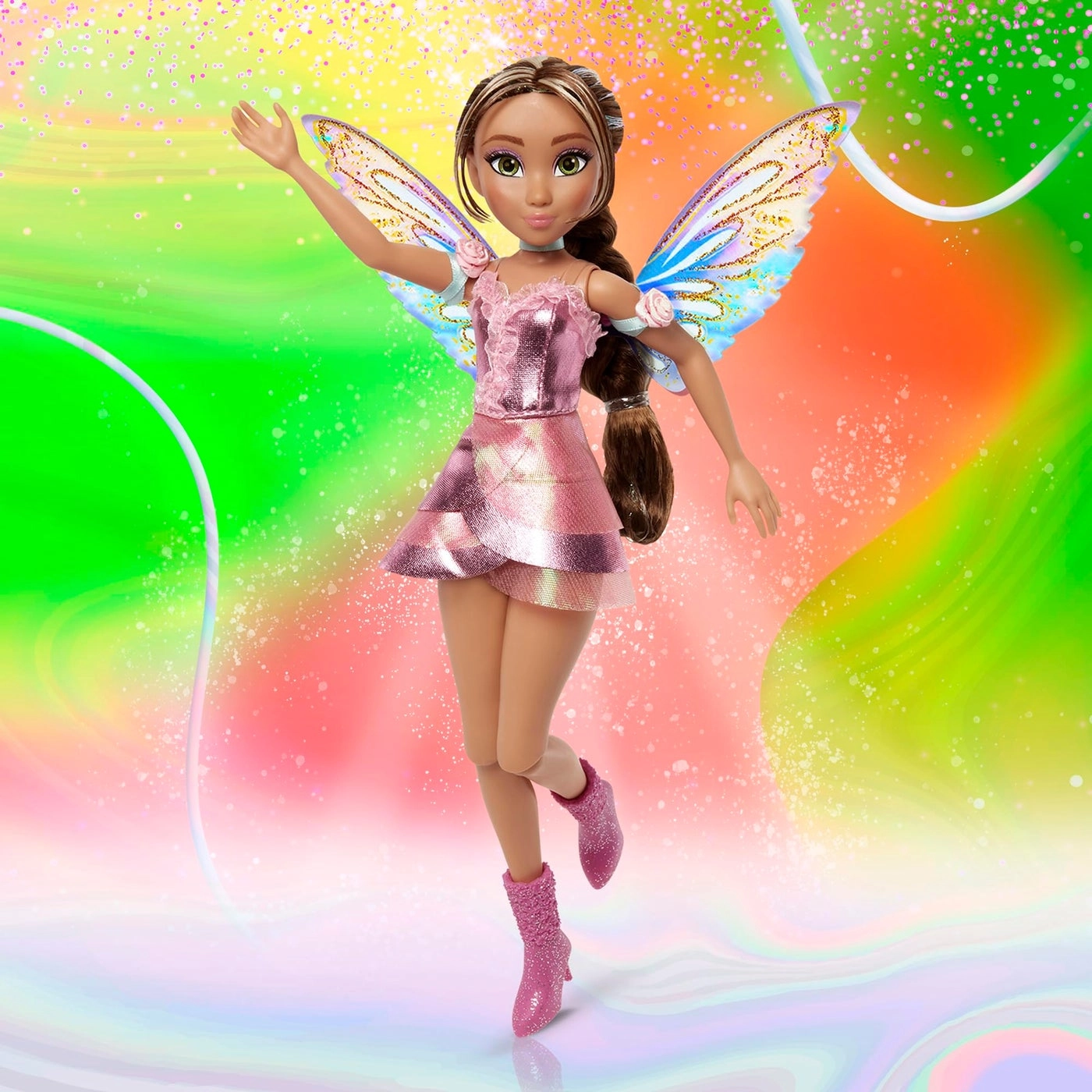 Flora Fairy Doll - Full-size Plastic Long Brown Braided Hair Shimmery Pink Dress Ages 4+