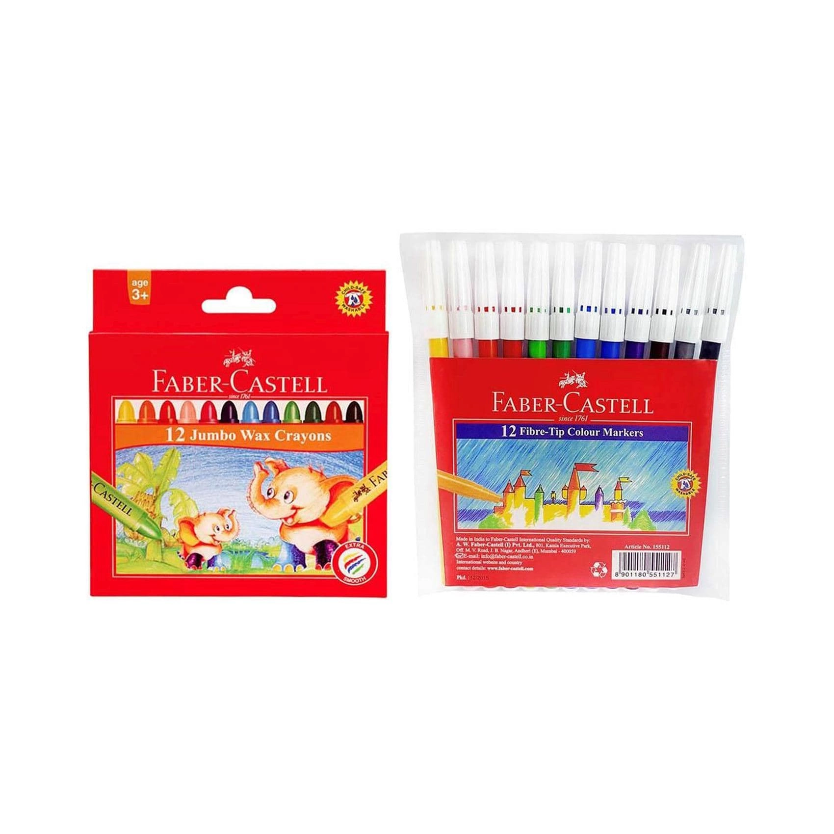 Faber-Castell Jumbo Wax Crayons - Pack of 12 + Fiber Tip Colour Pen - Pack of 12