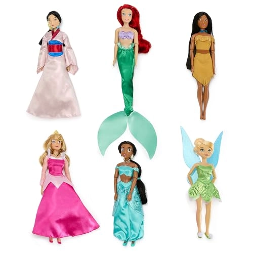 Snow White Doll + Cinderella Doll + Aurora Doll + Ariel Doll + Belle Doll + Jasmine Doll + Pocahontas Doll + Mulan Doll + Tiana Doll + Rapunzel Doll + Tinker Bell Doll - Ages 3+