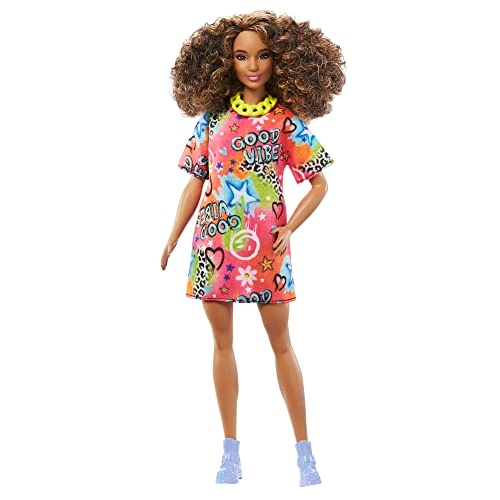 Barbie Fashionistas #201 - Athletic Body Curly Brown Hair Graffiti Dress Ages 3+