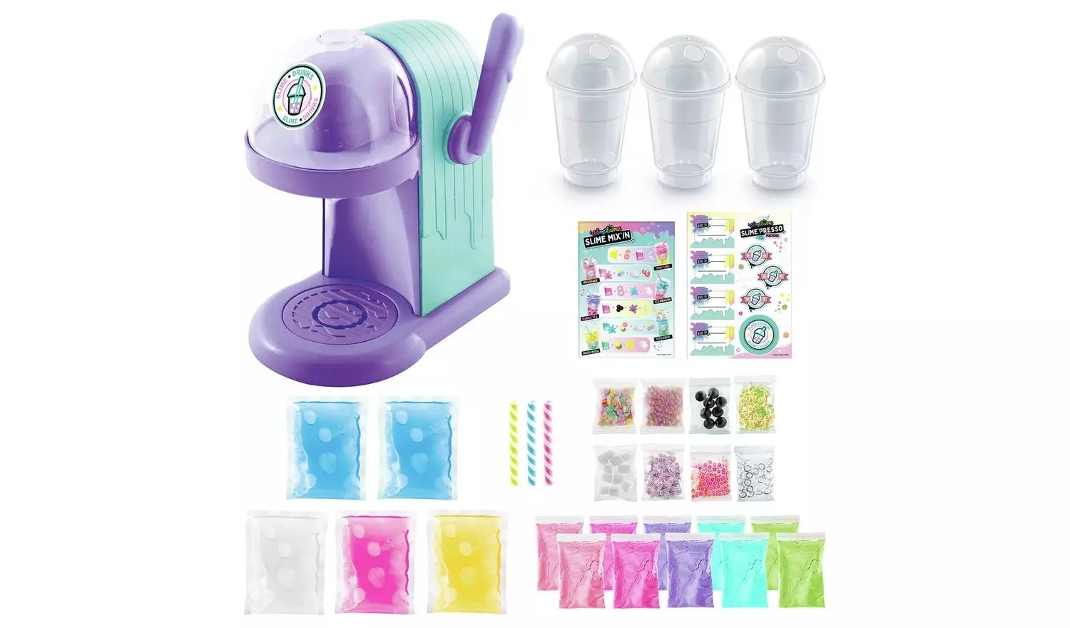 So Slime Slimelicious Slime'Presso Machine - 10 Slime powders 5 Slimes Premade 8 Decoration bags 3 Cups 3 Straws 1 Recipe Card