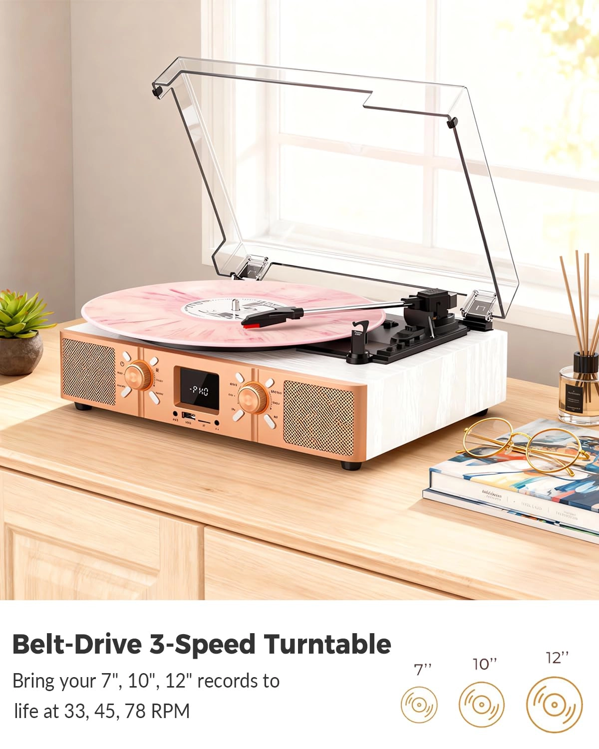 Vinyl Record Player - 3-Speed Belt-Driven