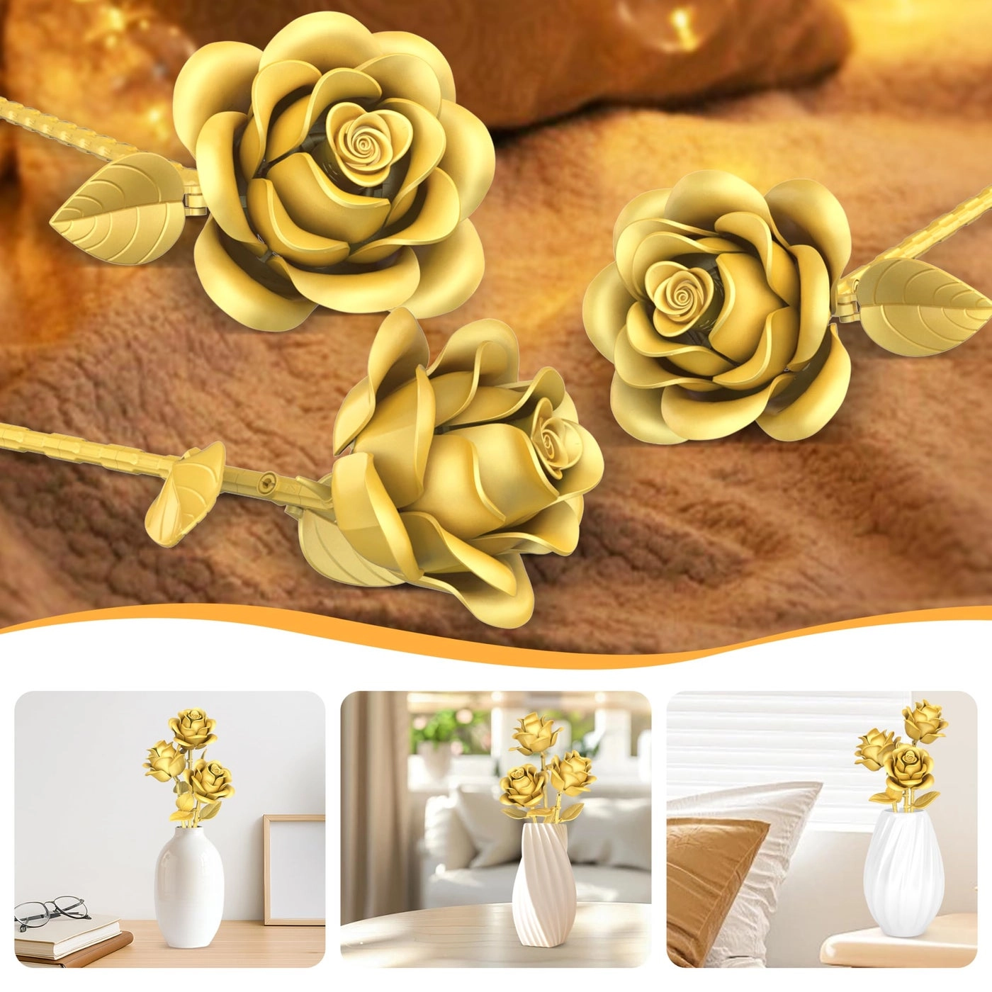 Gold Roses Flower Building Set - 195pcs