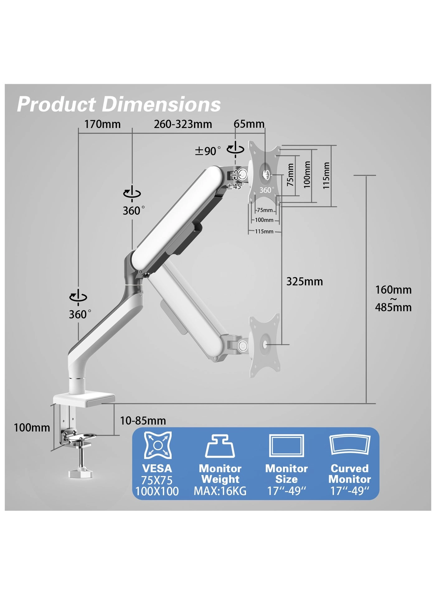 Single Monitor Arm - Single 17〜49inch 75*75mm 100*100mm