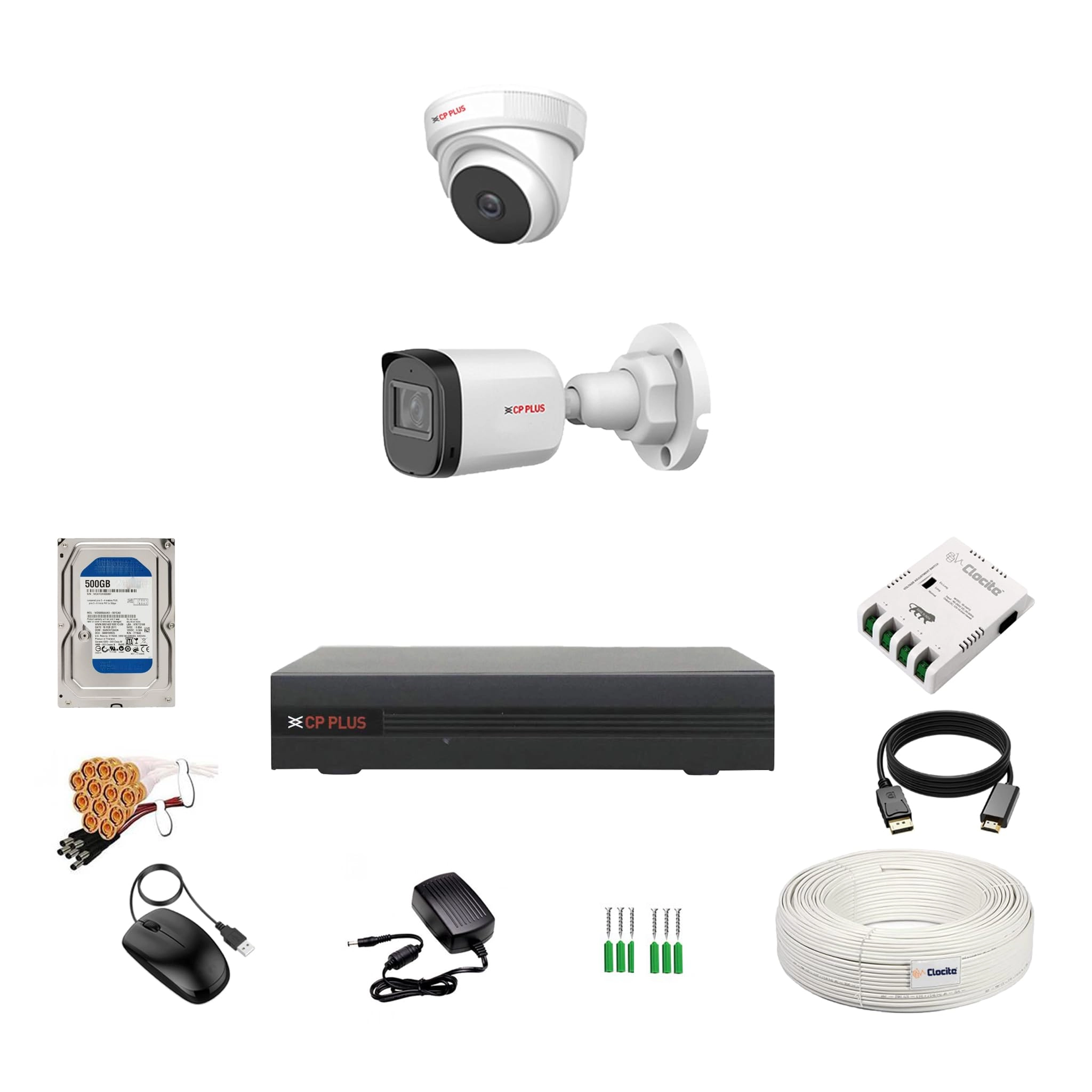 4 Channel 5MP HD DVR + 5 MP Outdoor Camera + 5 MP Indoor Camera + 4 Channel Power Supply + CCTV Cable Bundle + 500 GB Hard Drive + BNC & DC Connectors - 500GB 4 channels