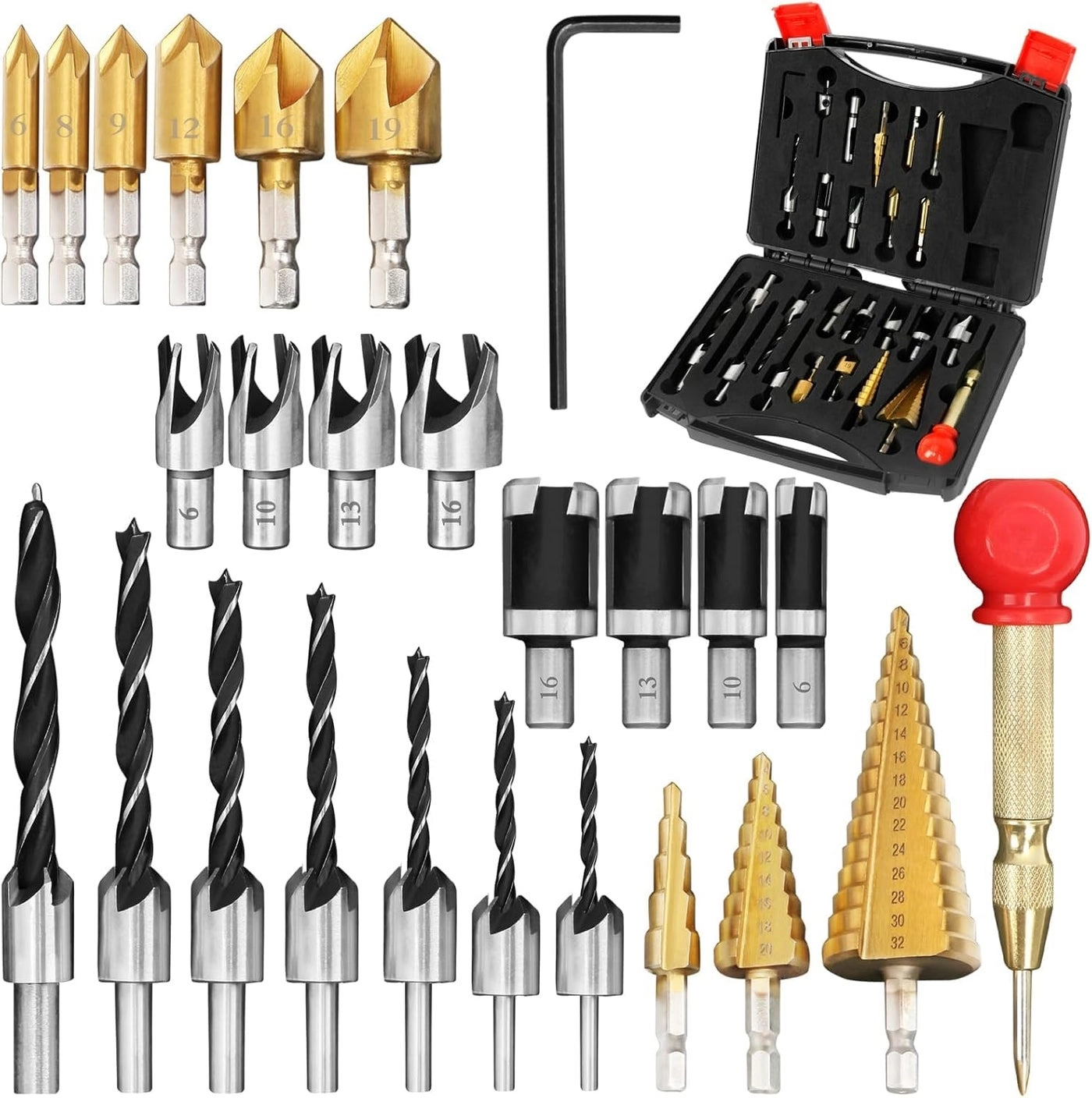 LAMPTOP 3-Pointed Countersink Bit + Wood Plug Cutter Drill Bit Set + Step Drill Bit + 1/4" Hex Shank 5 Flute Countersink Drill Bit + L-Wrench + Automatic Center Punch - 26 Pcs