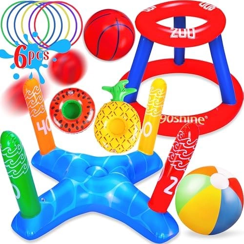 90shine Floating Basketball Hoop + Inflatable Ring Toss + 12" Beach Ball