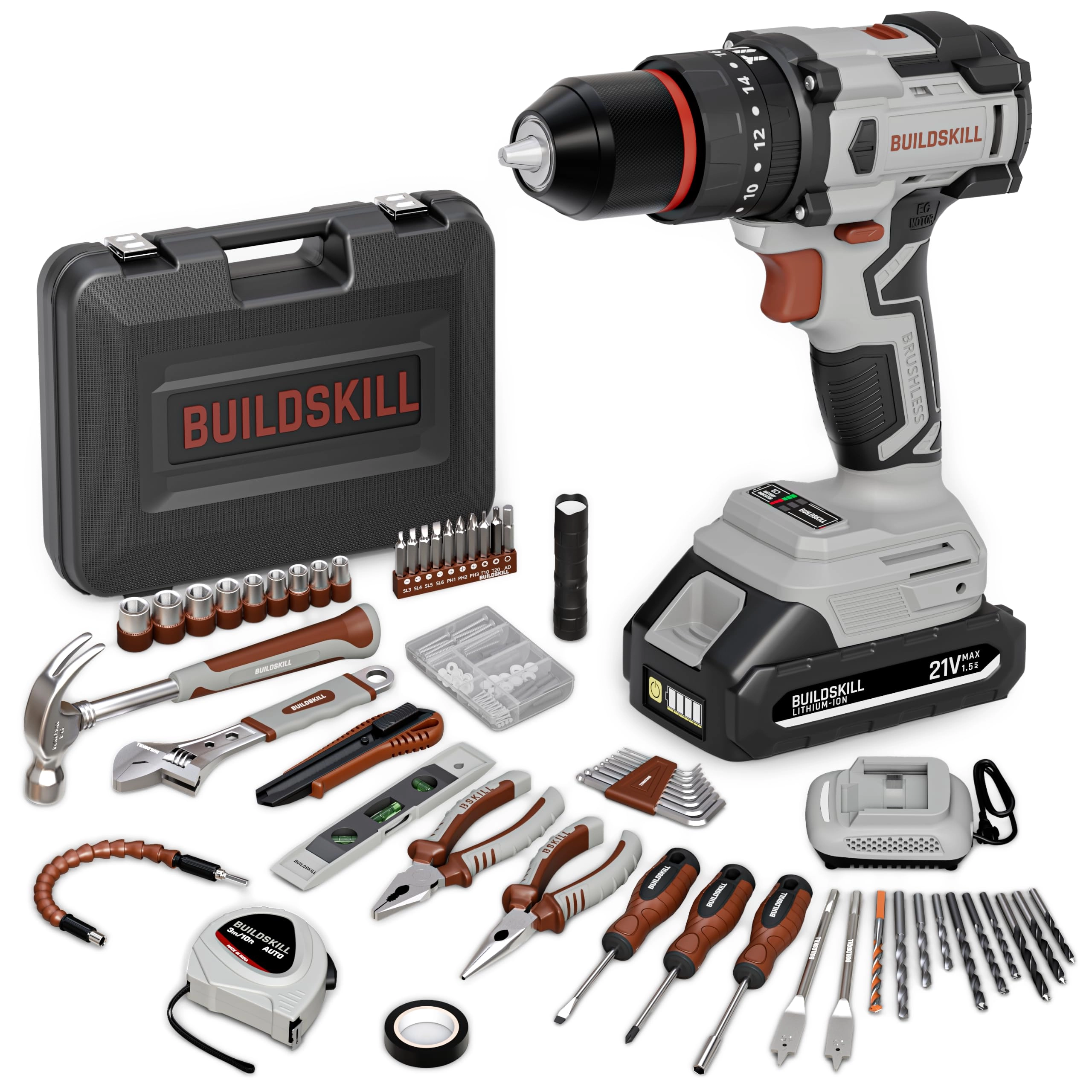 Buildskill, BIPL, Khasra No 9/1, Village Kapashera, Delhi, +91-7838379393, cs@buildskill.com 21V Cordless Brushless Drill Machine Toolkit - 1.5Ah