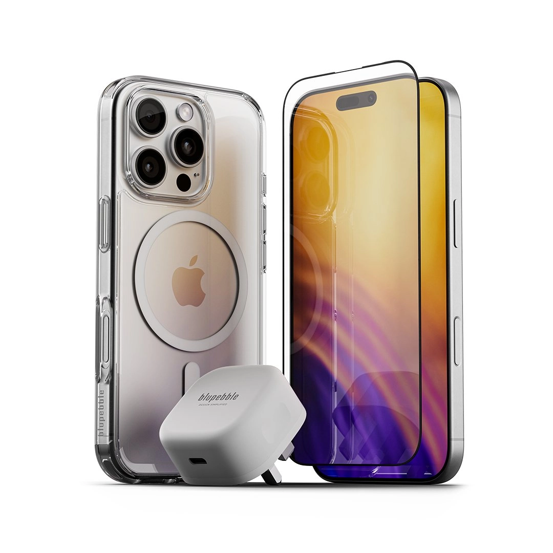 blupebble Crystal Case - Clear + Graphene Tempered Glass + 30W GaN Charger for iPhone 16 Pro