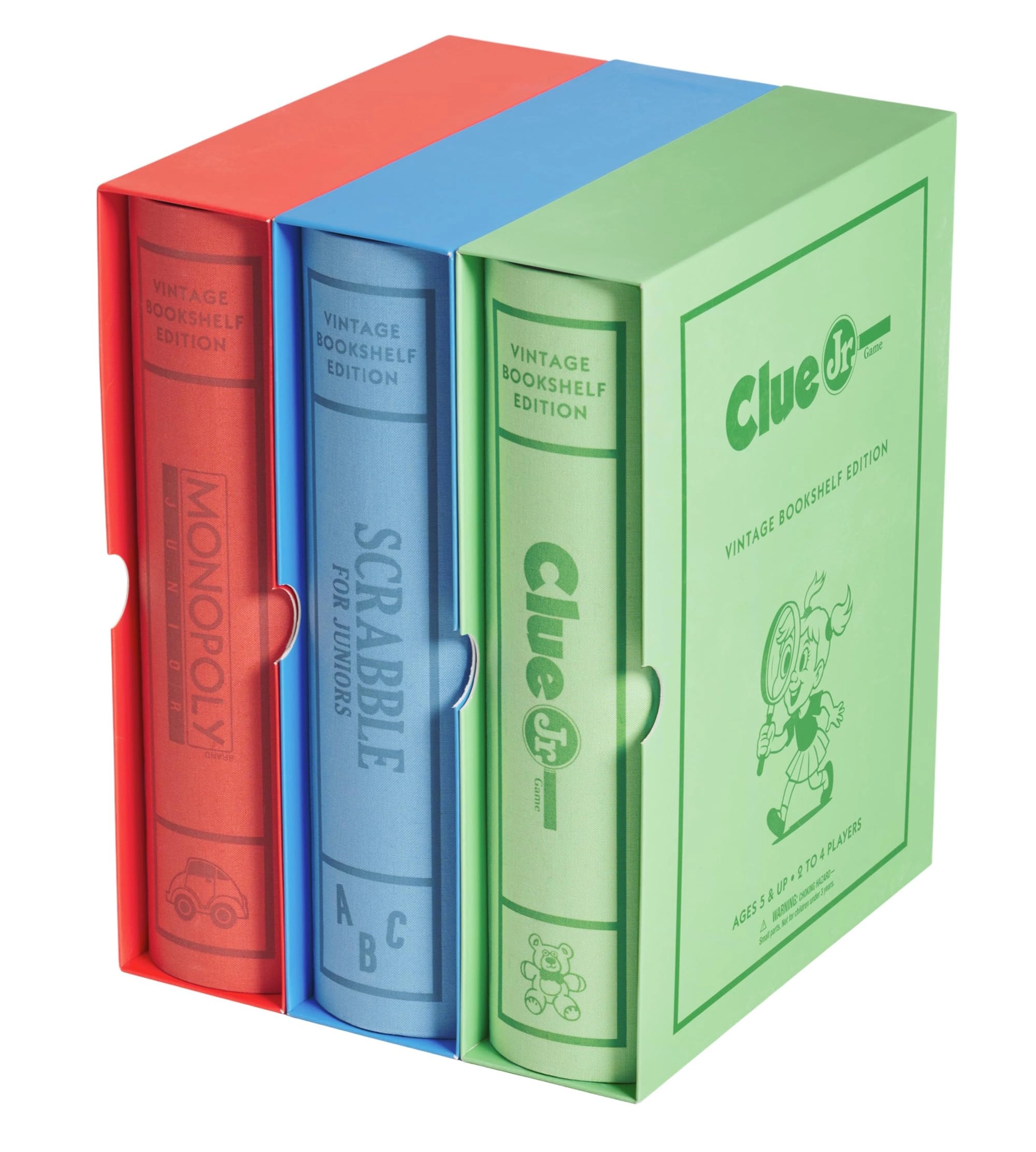 WS Game Company Monopoly Junior - Vintage Bookshelf Edition + Scrabble for Juniors + Clue Jr.