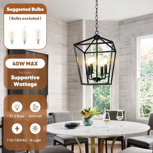 Farmhouse Chandelier - 4-Light Black Adjustable Height