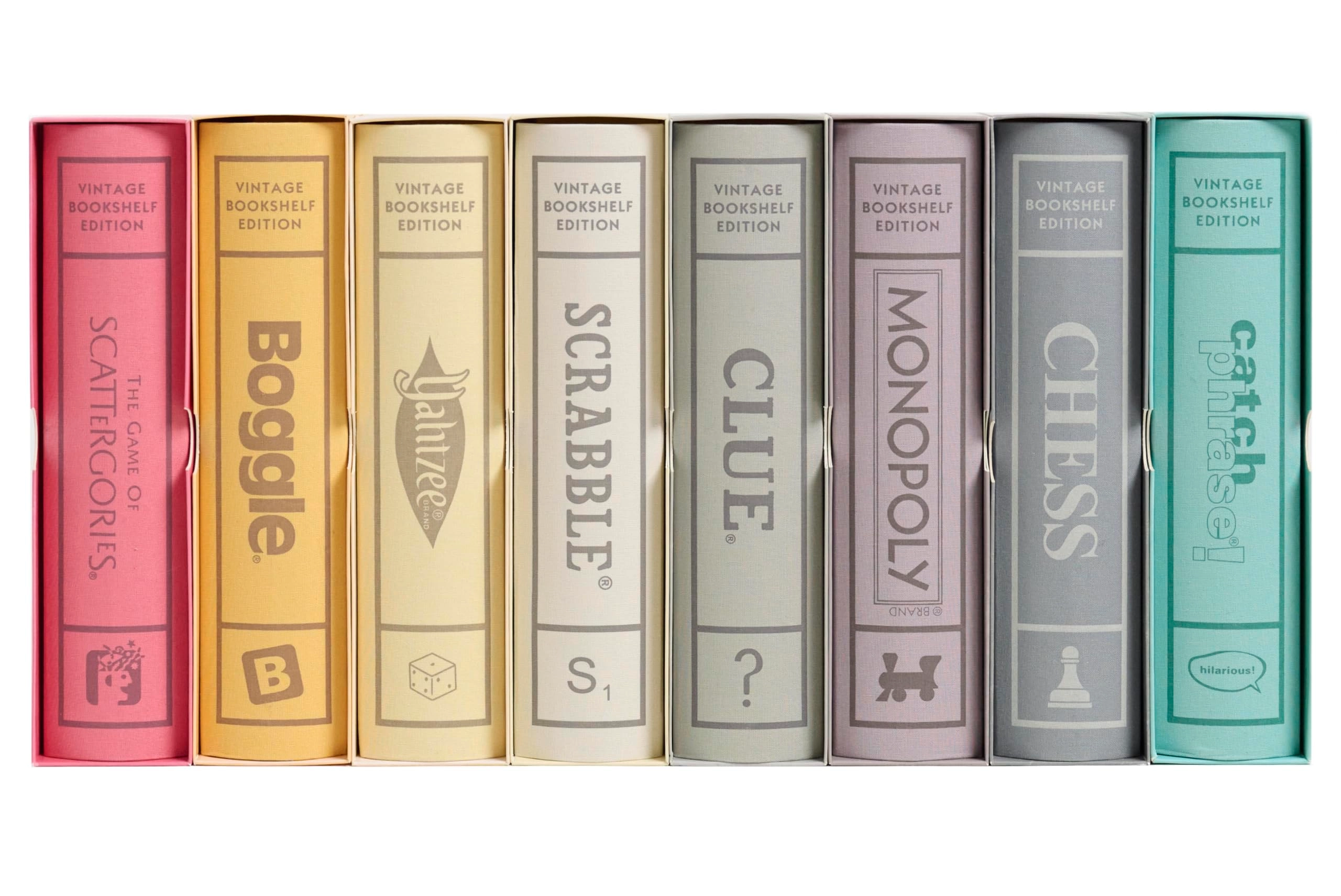 WS Game Company Scrabble: Vintage Bookshelf Edition + Monopoly + Clue + Yahtzee + Catch Phrase + Chess + Scattergories + Boggle