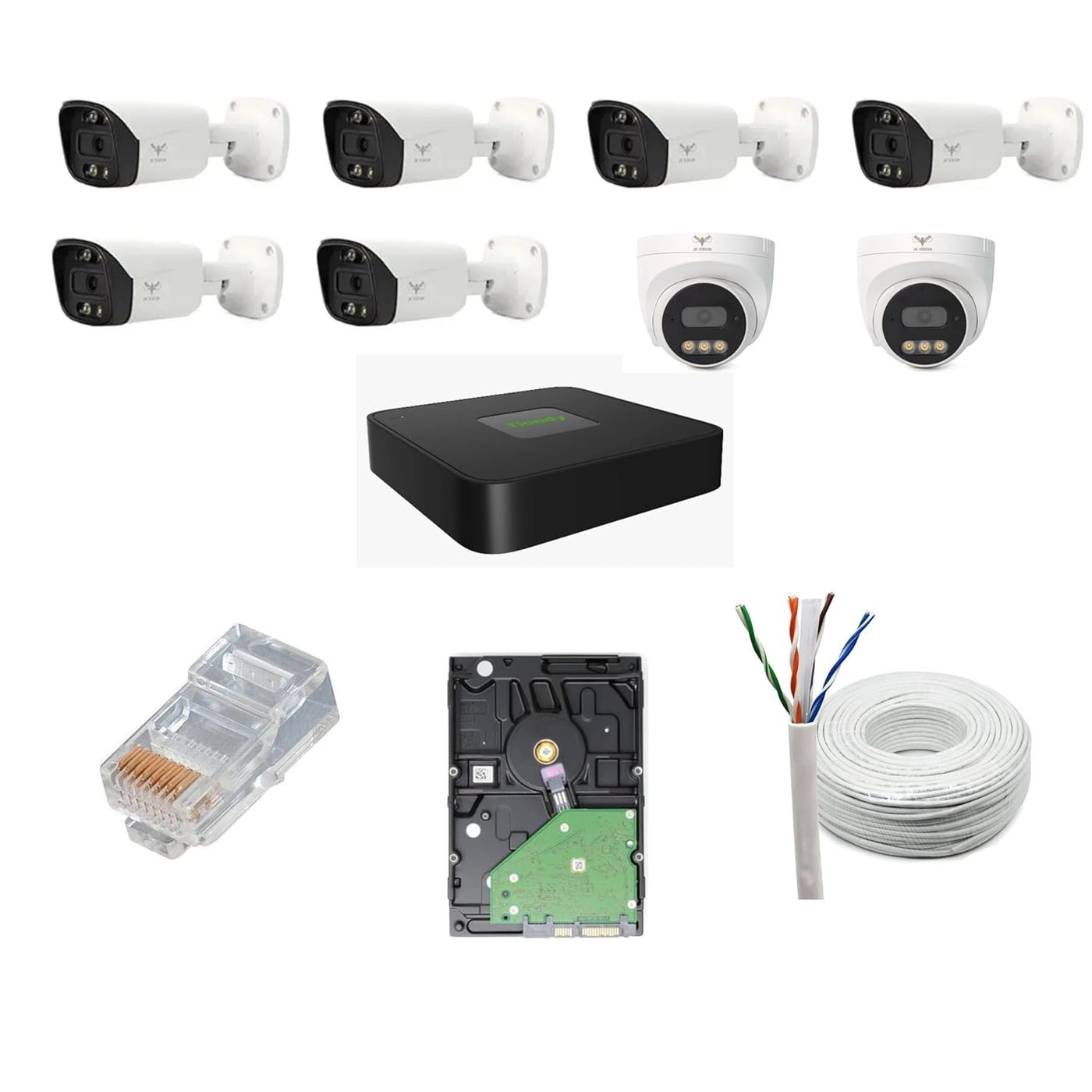 Bullet Camera - 5MP + Dome Camera + NVR - 8 channels + Hard Disk - 2000 gigabyte + Cat6 Cable + RJ45 Connector