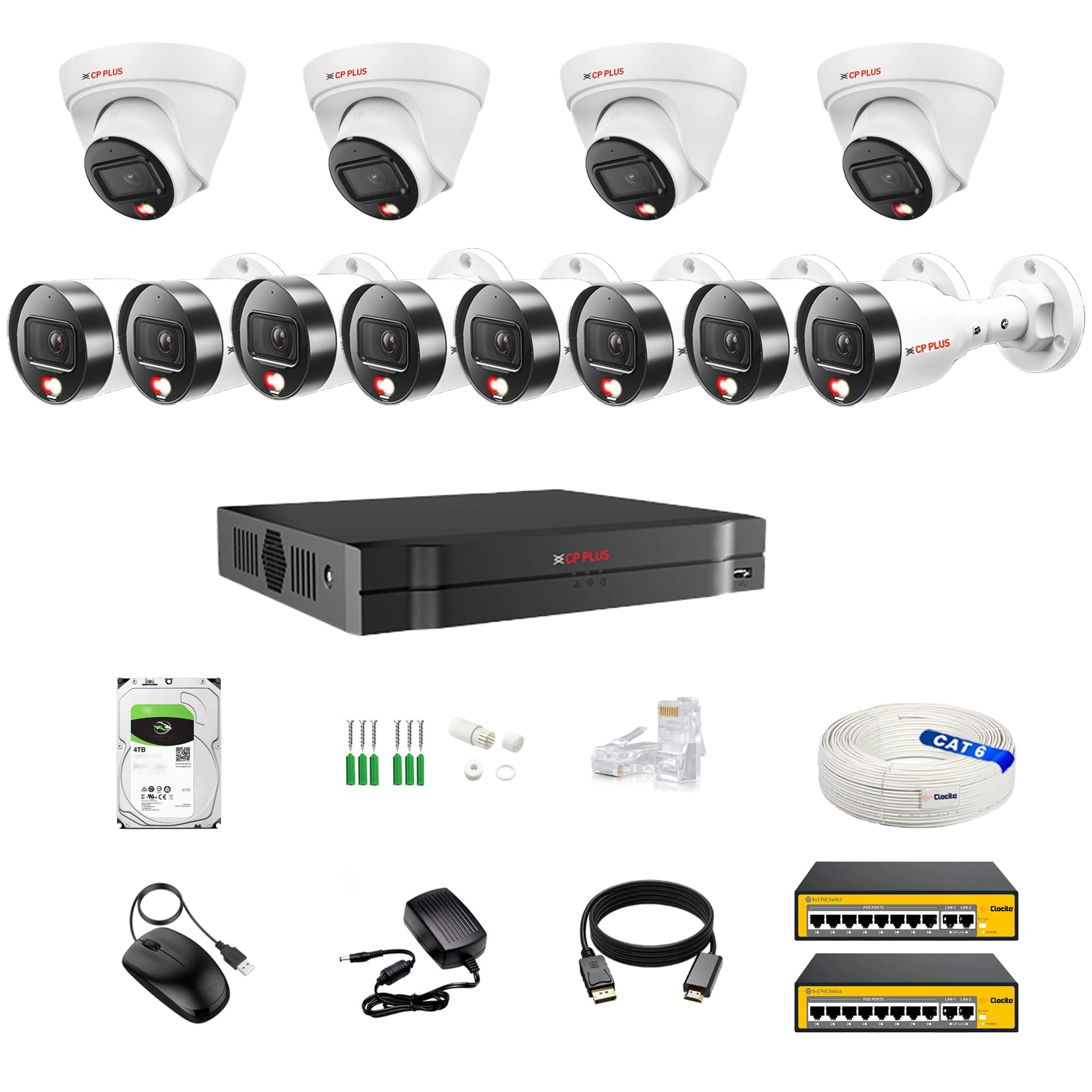 Aditya Infotech Ltd IP illumax 16 CH AI NVR - 16 channels + illumax Dual Light Dome IP Camera - 4MP + illumax Dual Light Bullet IP Camera - 4MP + 4TB HDD + 8+2 POE Switch + CAT 6 Cable