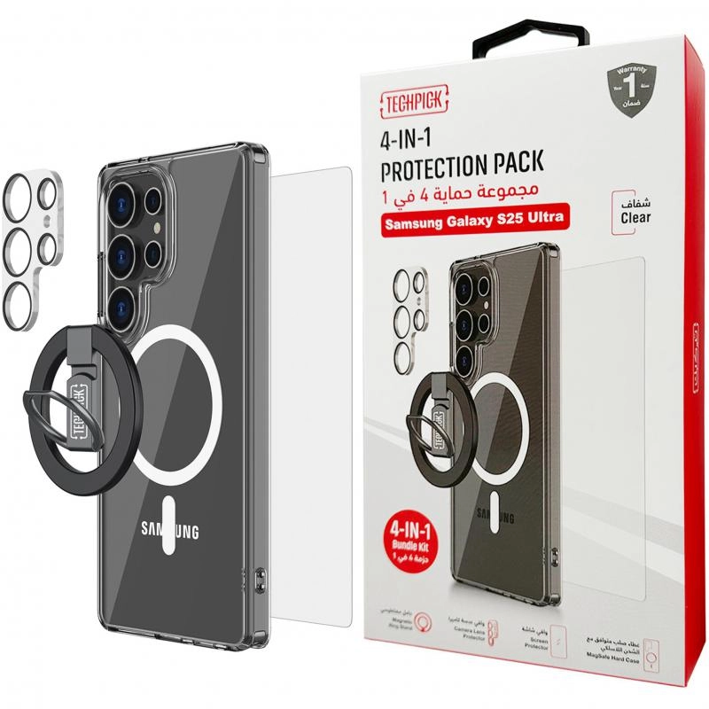 Hard Case + Tempered Glass + Camera Lens Protector + Magnetic Stand Smartphone Case Bundle with MagSafe for Samsung Galaxy S25 Ultra